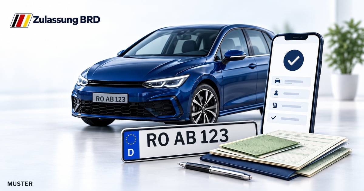 Online Fahrzeugzulassung in Feldkirchen-Westerham: Musterkennzeichen RO AB 123, Auto und Fahrzeugpapiere und Smartphone. Illustration mit Logo von Zulassung BRD.